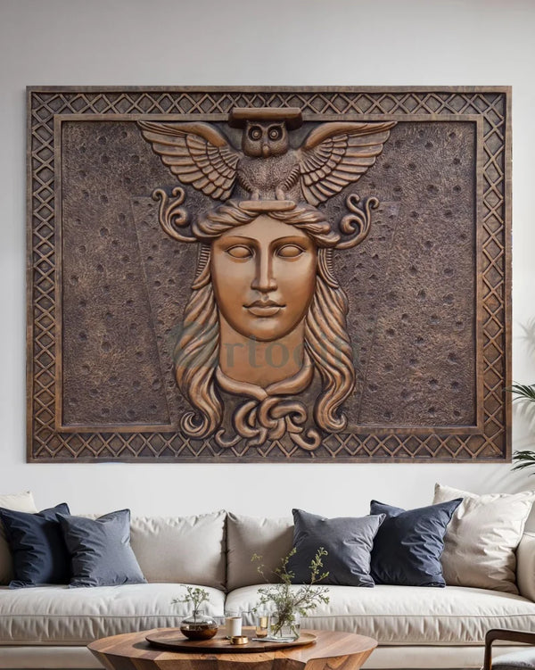 (9X7 Feet) Greek Goddess with Owl 3D Relief Wall Mural 9X7 Feet / Bronze