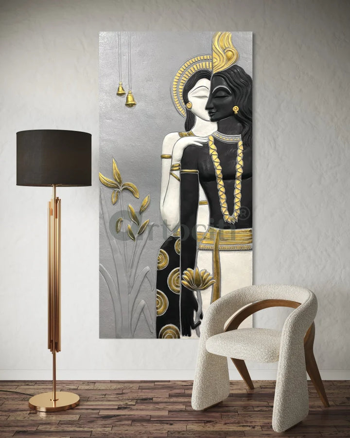 Abstract Radha Krishna 3D Elevation Sculpture Relief Mural Wall Art Black