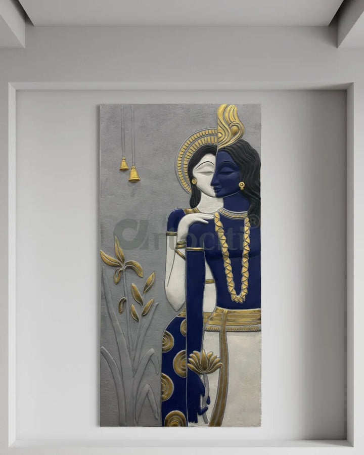Abstract Radha Krishna 3D Elevation Sculpture Relief Mural Wall Art Blue