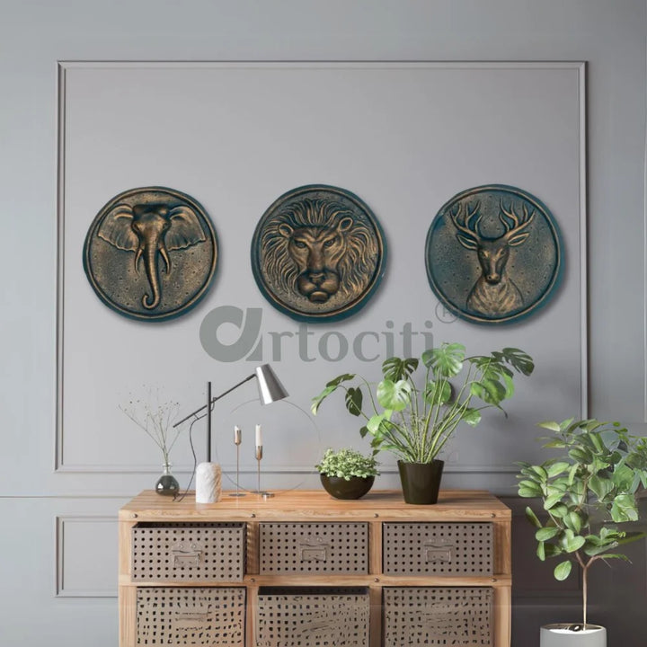 Animal 3D Relief Wall Art Set of 3 Teal and Bronze