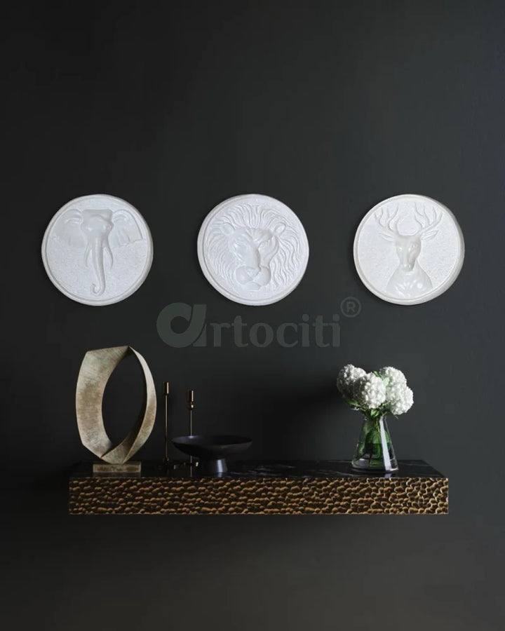 Animal 3D Relief Wall Art Set of 3 White