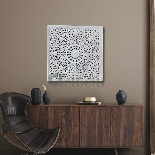 Antique Wooden Jali Hand Carved Mural Wall Art Set 1 / 36X36 Inch / White