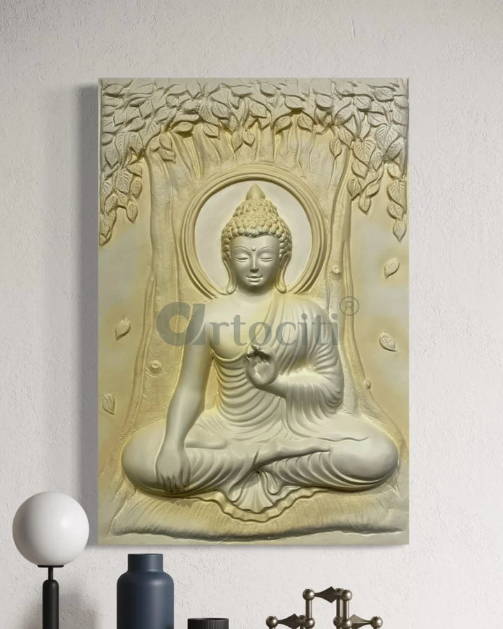 Bhumisparsha Mudra Buddha 3D Relief Mural Cream Buddha Wall Decor