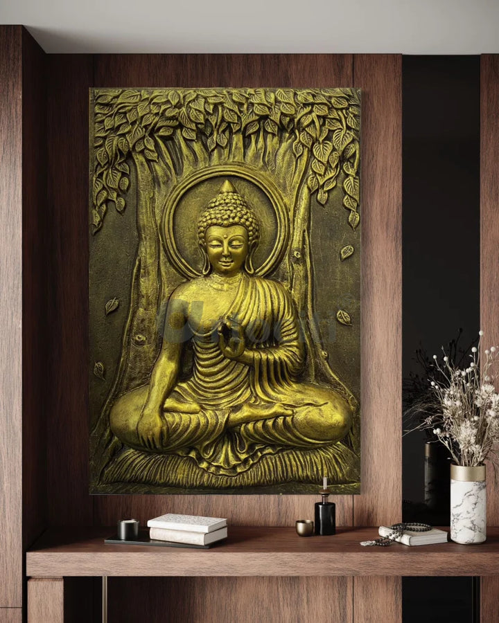 Bhumisparsha Mudra Buddha 3D Relief Mural Golden Buddha Wall Decor