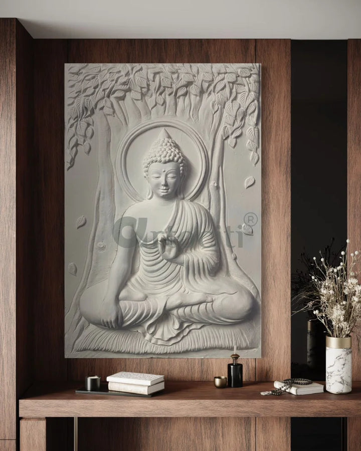 Bhumisparsha Mudra Buddha 3D Relief Mural White Buddha Wall Decor