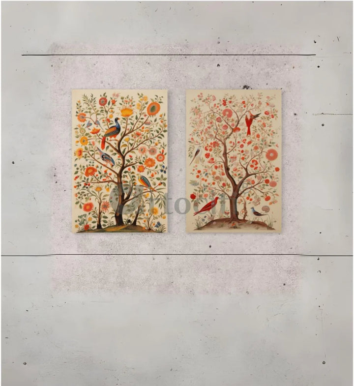 Bird & Tree Kalamkari Art Canvas Giclee Prints Set of 2