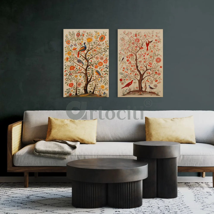 Bird & Tree Kalamkari Art Canvas Giclee Prints Set of 2