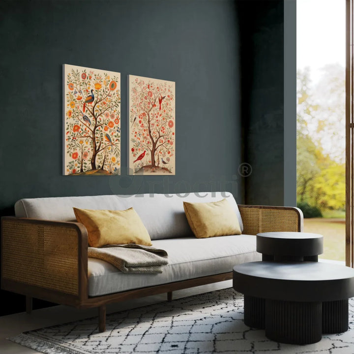 Bird & Tree Kalamkari Art Canvas Giclee Prints Set of 2 30X20 Inches Set Of 2