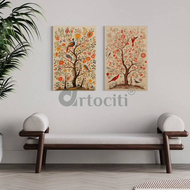 Bird & Tree Kalamkari Art Canvas Giclee Prints Set of 2