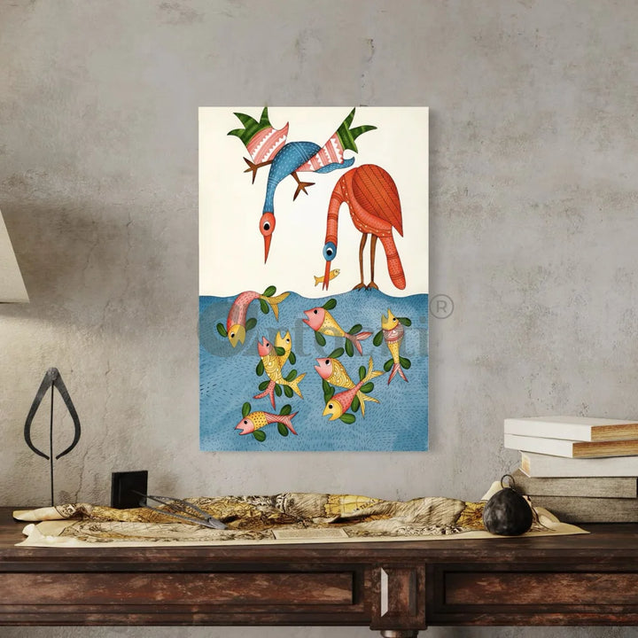 Birds and Fish Gond Art Canvas Print 24X16 Inches