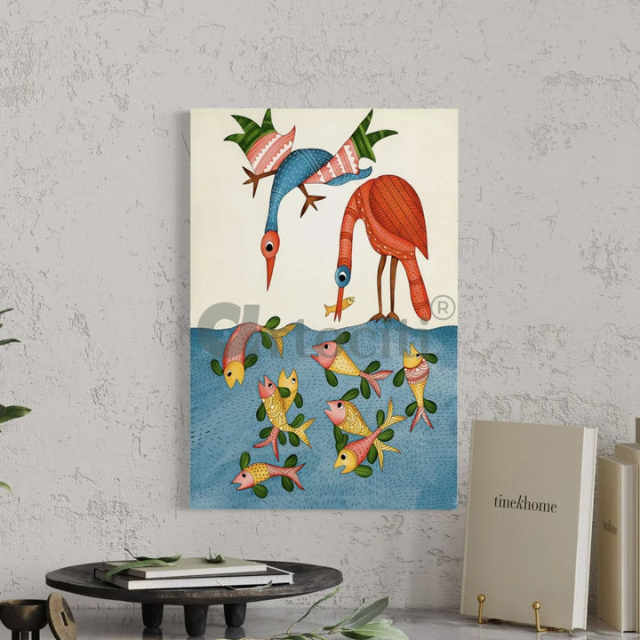 Birds and Fish Gond Art Canvas Print
