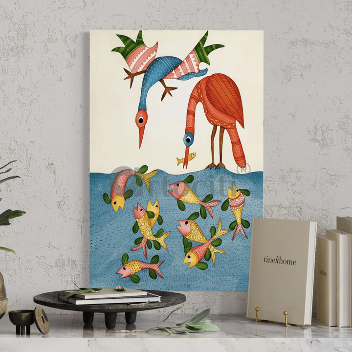 Birds and Fish Gond Art Canvas Print 30X20 Inches