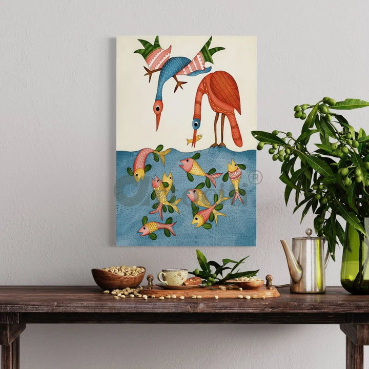 Birds and Fish Gond Art Canvas Print