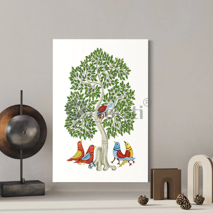 Birds under The Tree Gond Art Print Vibrant Giclee Canvas 24X16 Inches