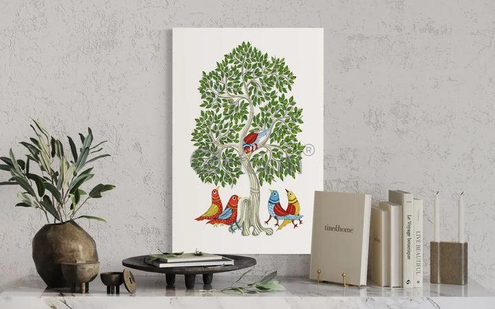 Birds under The Tree Gond Art Print Vibrant Giclee Canvas
