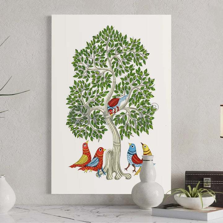 Birds under The Tree Gond Art Print Vibrant Giclee Canvas 30X20 Inches