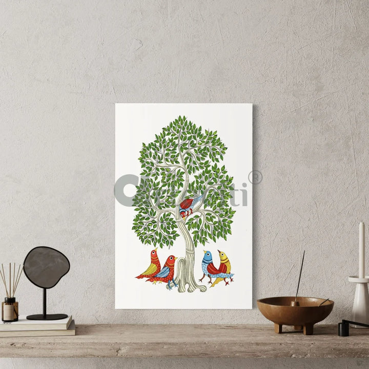 Birds under The Tree Gond Art Print Vibrant Giclee Canvas