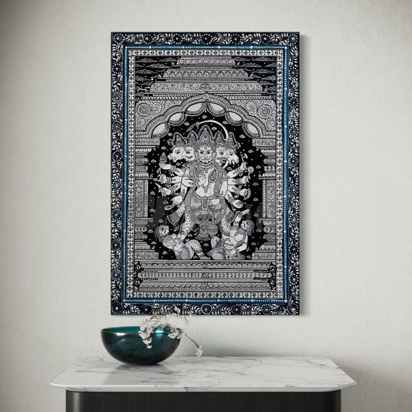 Black and White Panchmukhi Hanuman Pattachitra Painting Monochrome Canvas Giclee Print 24X16 Inches