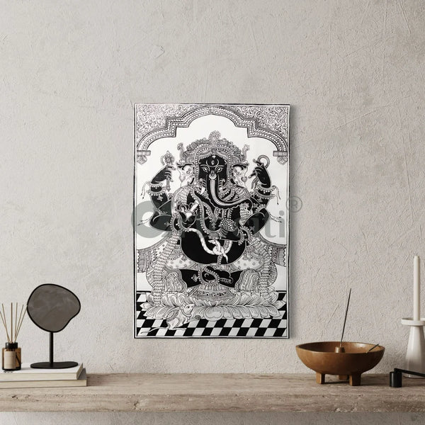 Black & White Ganesha Pattachitra Art Canvas Giclee Print 24X16 Inches