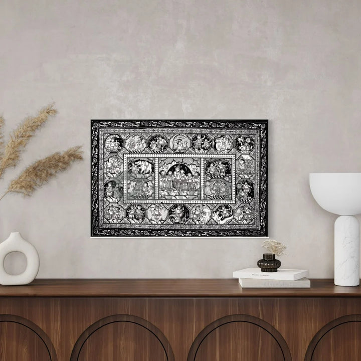 Black & White Krishna Raas Leela Pattachitra Painting 24X16 Inches