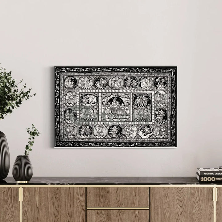 Black & White Krishna Raas Leela Pattachitra Painting 30X20 Inches