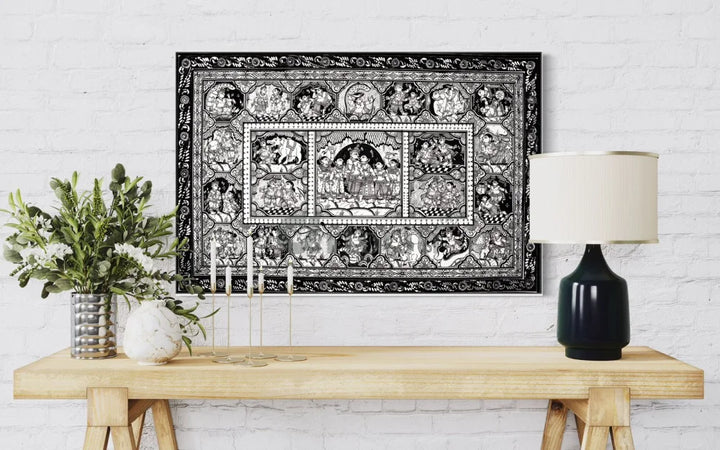 Black & White Krishna Raas Leela Pattachitra Painting