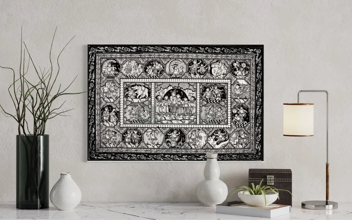Black & White Krishna Raas Leela Pattachitra Painting
