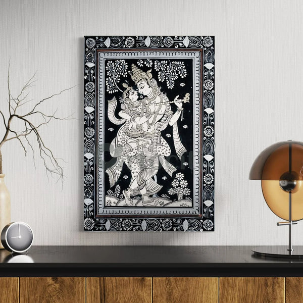 Black & White Radha Krishna Prem Milan Pattachitra Painting Canvas Giclee Print 24X16 Inches