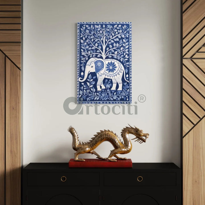 Blue Indian Elephant Kalamkari Art In Premium Canvas Print 18X12 Jungle Book