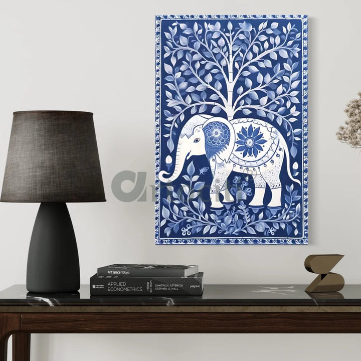 Blue Indian Elephant Kalamkari Art In Premium Canvas Print 30X20 Jungle Book