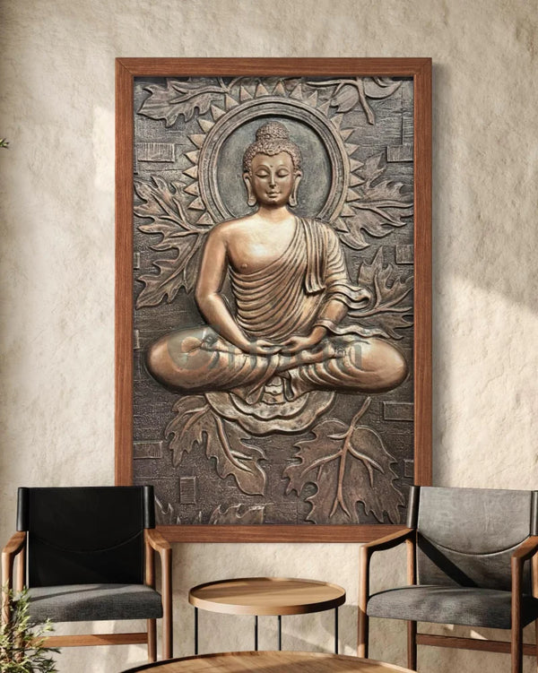 BUDDHA on Lotus in 3x2 feet 3D Relief Mural Wall Art Bronze / Framed Buddha Wall Decor