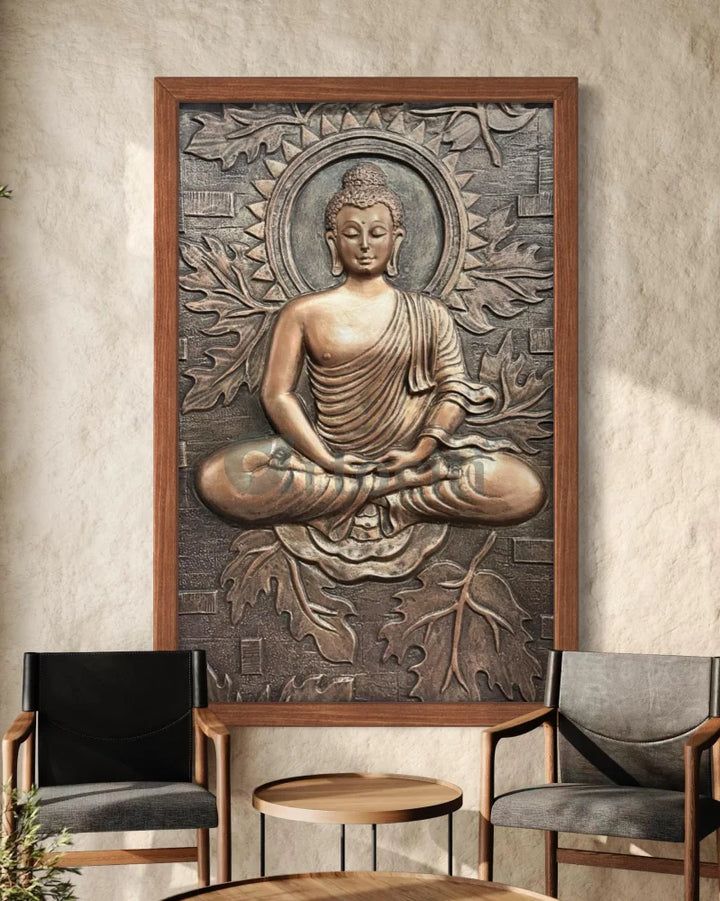 BUDDHA on Lotus in 3x2 feet 3D Relief Mural Wall Art Bronze / Framed Buddha Wall Decor