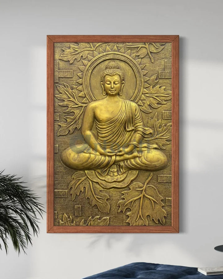 BUDDHA on Lotus in 3x2 feet 3D Relief Mural Wall Art Golden / Framed Buddha Wall Decor