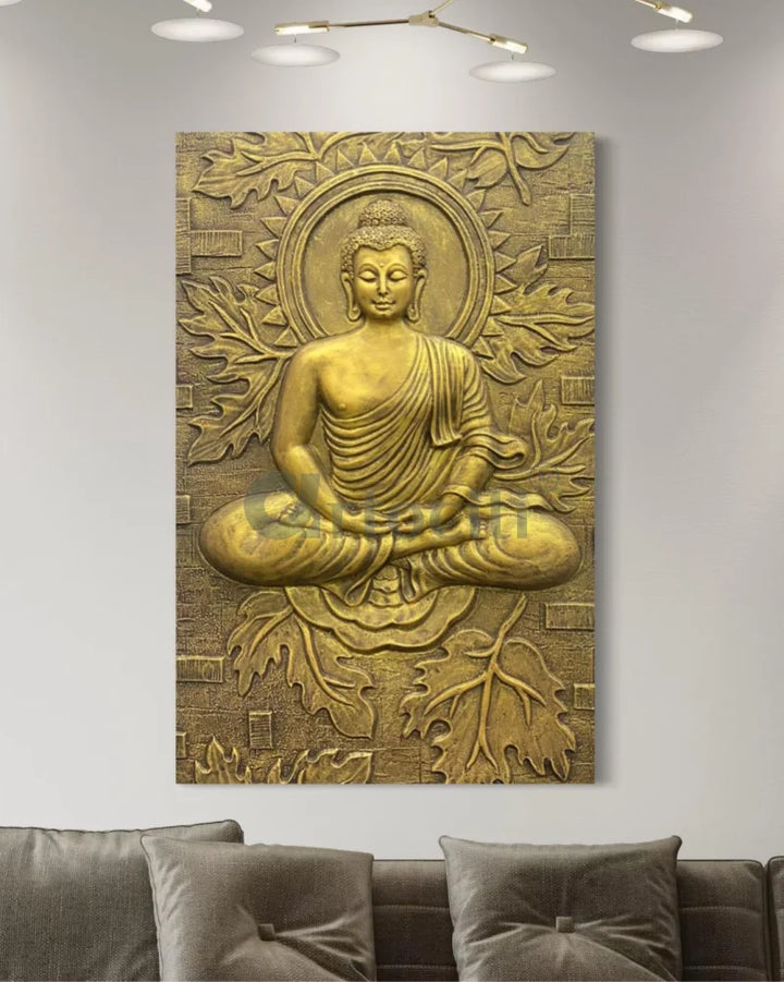 BUDDHA on Lotus in 3x2 feet 3D Relief Mural Wall Art Golden / Unframed (ready to hang) Buddha Wall Decor