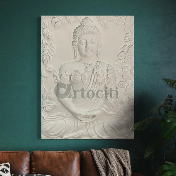 Buddha Surrounded by Leaves 3D Relief Mural Wall Art 40X30 Inch / White