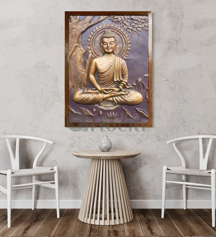 Buddha Under Tree 3D Relief Mural (4x3 & 6x6 Feet) 4X3 Feet / Bronze / Framed