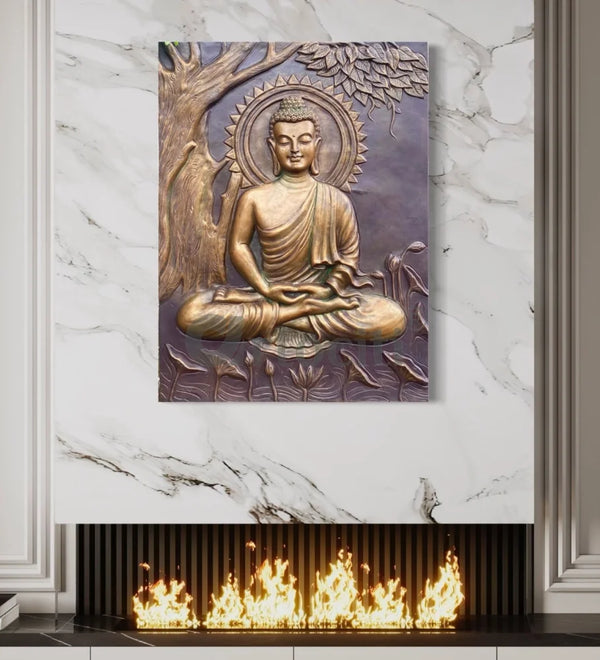 Buddha Under Tree 3D Relief Mural (4x3 & 6x6 Feet) 4X3 Feet / Bronze / Unframed ready to hang