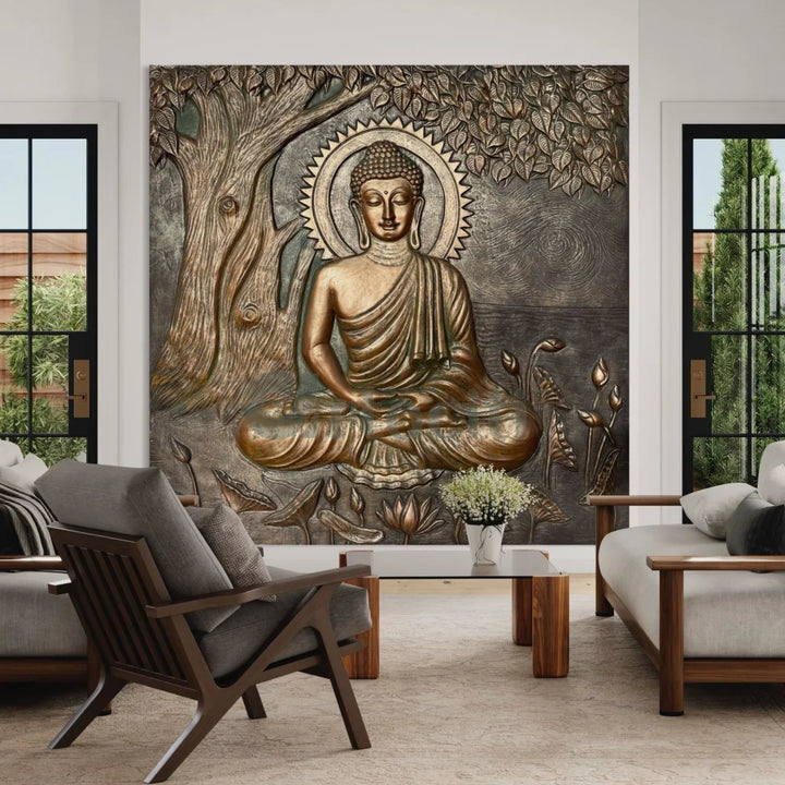 Buddha Under Tree 3D Relief Mural (4x3 & 6x6 Feet) 6X6 Feet / Bronze / Unframed ready to hang