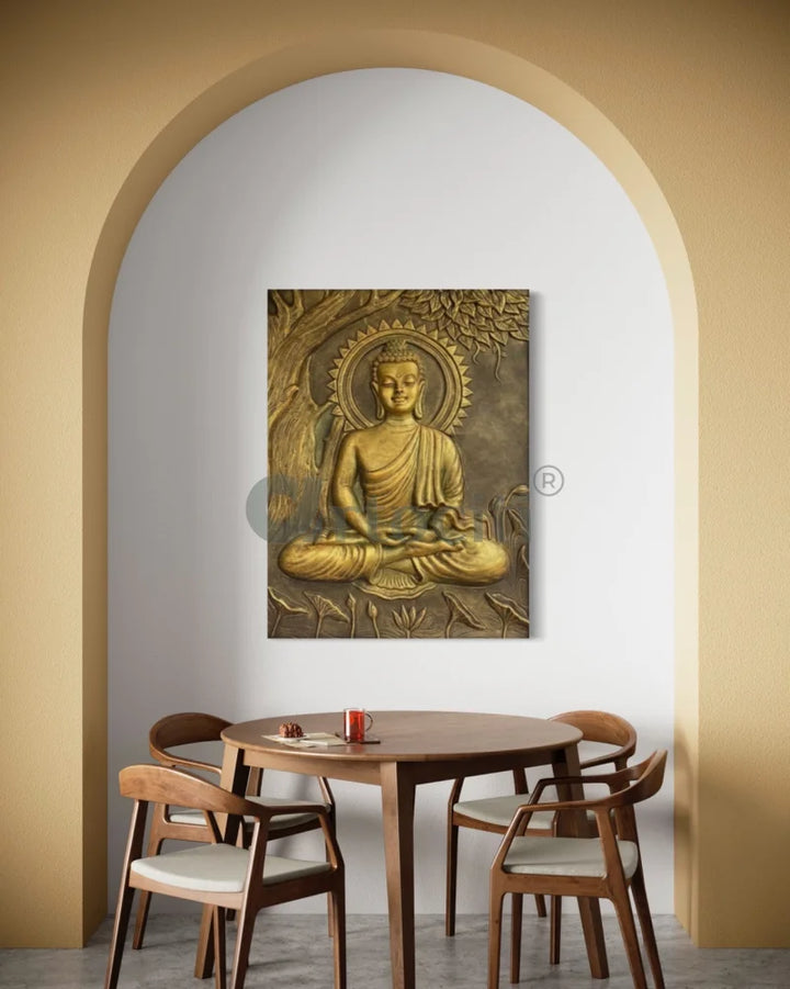 Buddha Under Tree 3D Relief Mural (4x3 & 6x6 Feet) 4X3 Feet / Golden / Unframed ready to hang