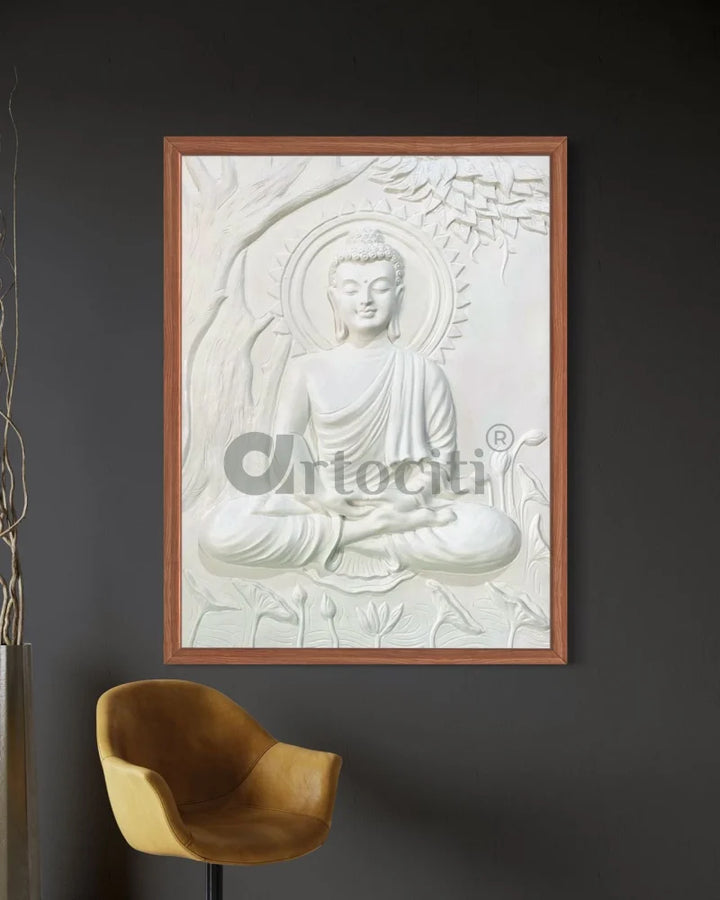 Buddha Under Tree 3D Relief Mural (4x3 & 6x6 Feet) 4X3 Feet / White / Framed