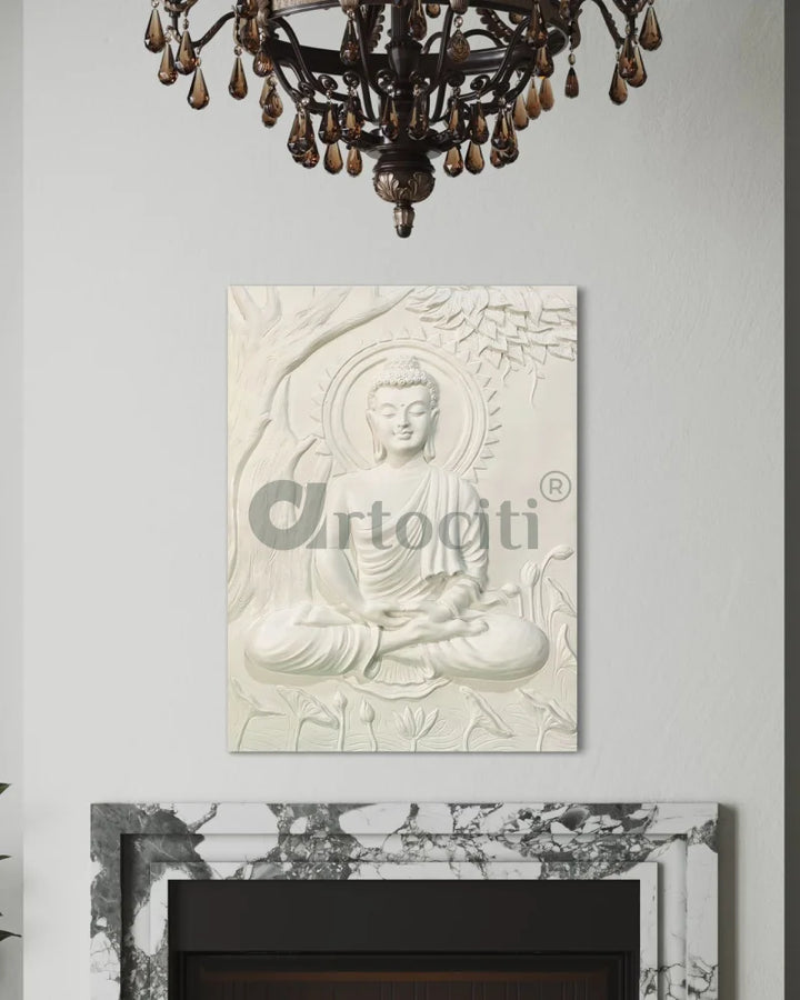 Buddha Under Tree 3D Relief Mural (4x3 & 6x6 Feet) 4X3 Feet / White / Unframed ready to hang