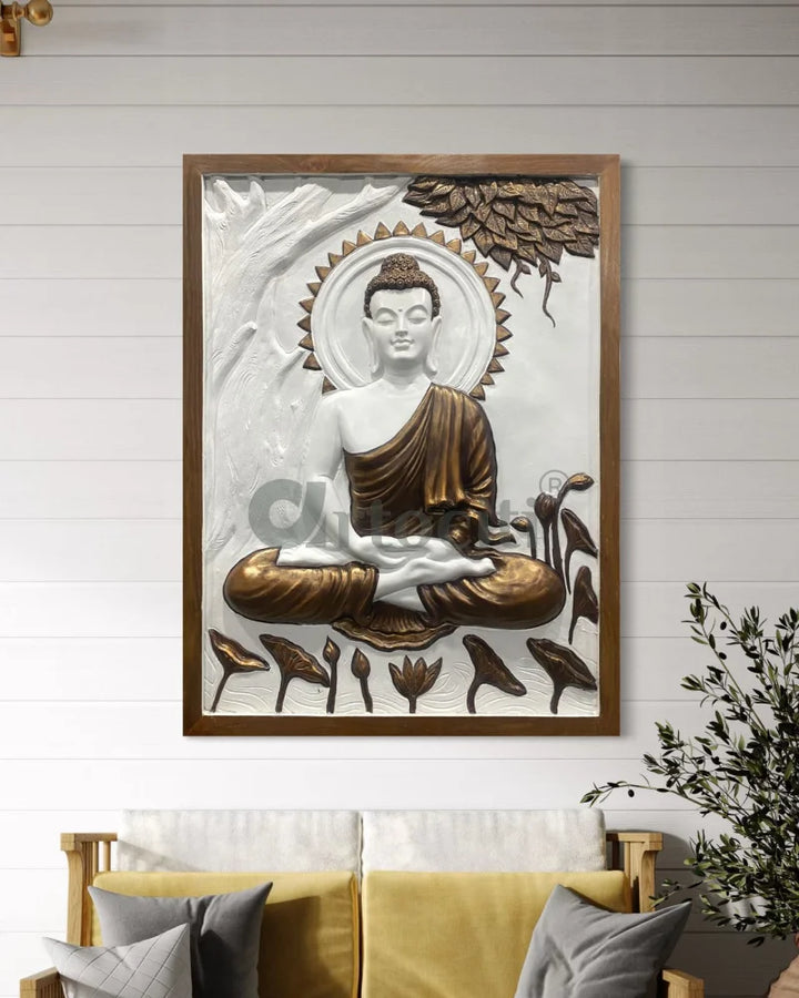 Buddha Under Tree 3D Relief Mural (4x3 & 6x6 Feet) 4X3 Feet / White with dark Brown Highlights / Framed