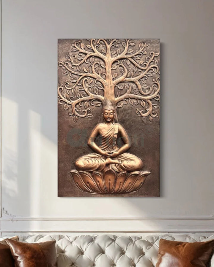 Buddha Under Tree 3D Relief Mural Wall Art Bronze / Unframed (ready to hang) Buddha Wall Decor