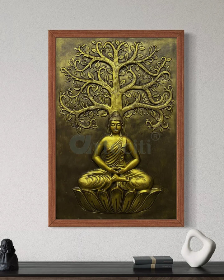 Buddha Under Tree 3D Relief Mural Wall Art Golden / Framed Buddha Wall Decor