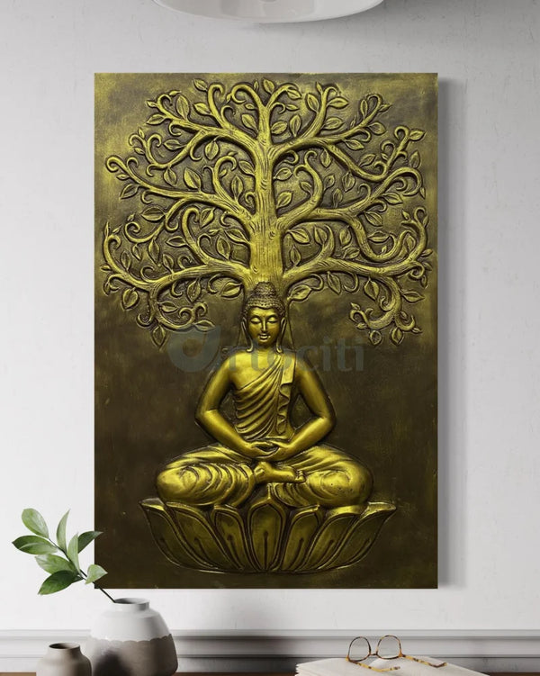 Buddha Under Tree 3D Relief Mural Wall Art Golden / Unframed (ready to hang) Buddha Wall Decor