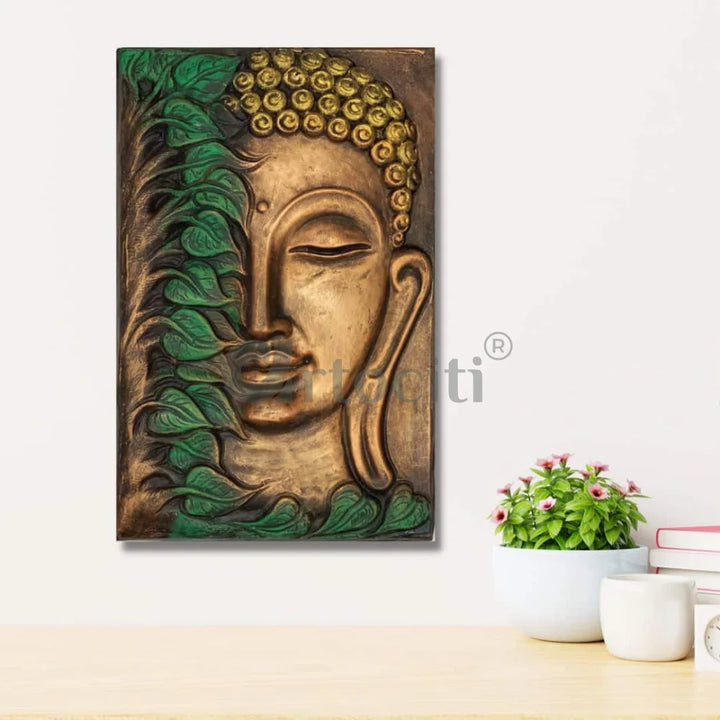 Buddha with Green Leaves 19x12 inches Relief Mural Wall Art Buddha Wall Decor