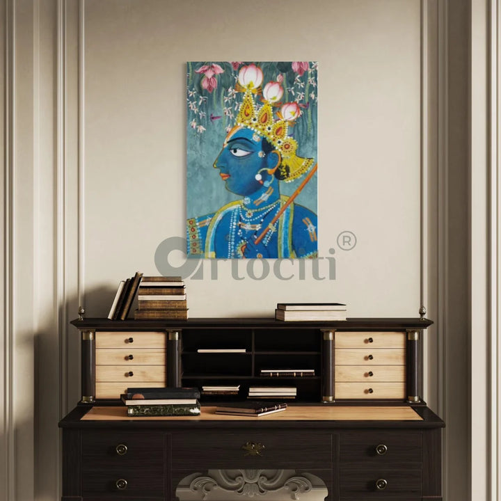 Classic Traditional Blue Yellow Lord Shreenath Ji Pichwai Canvas Print