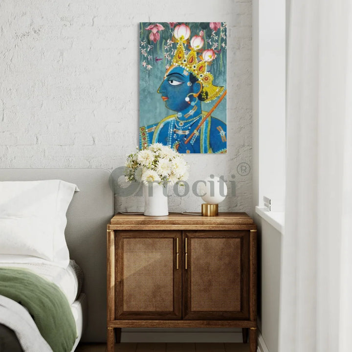 Classic Traditional Blue Yellow Lord Shreenath Ji Pichwai Canvas Print