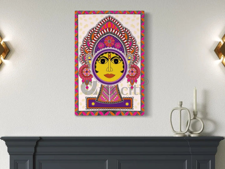 Colourful Madhubani Canvas Painting of Goddess Durga High Quality Giclee Print