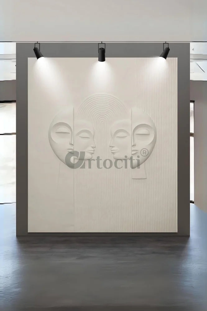 Contemporary Abstract Face Relief Mural Wall Art Unframed 7X6 Feet / White